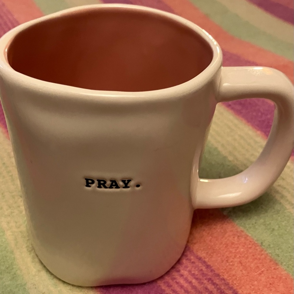 Rae Dunn PRAY.  Magenta art pottery large mug with pink interior 14 ounce